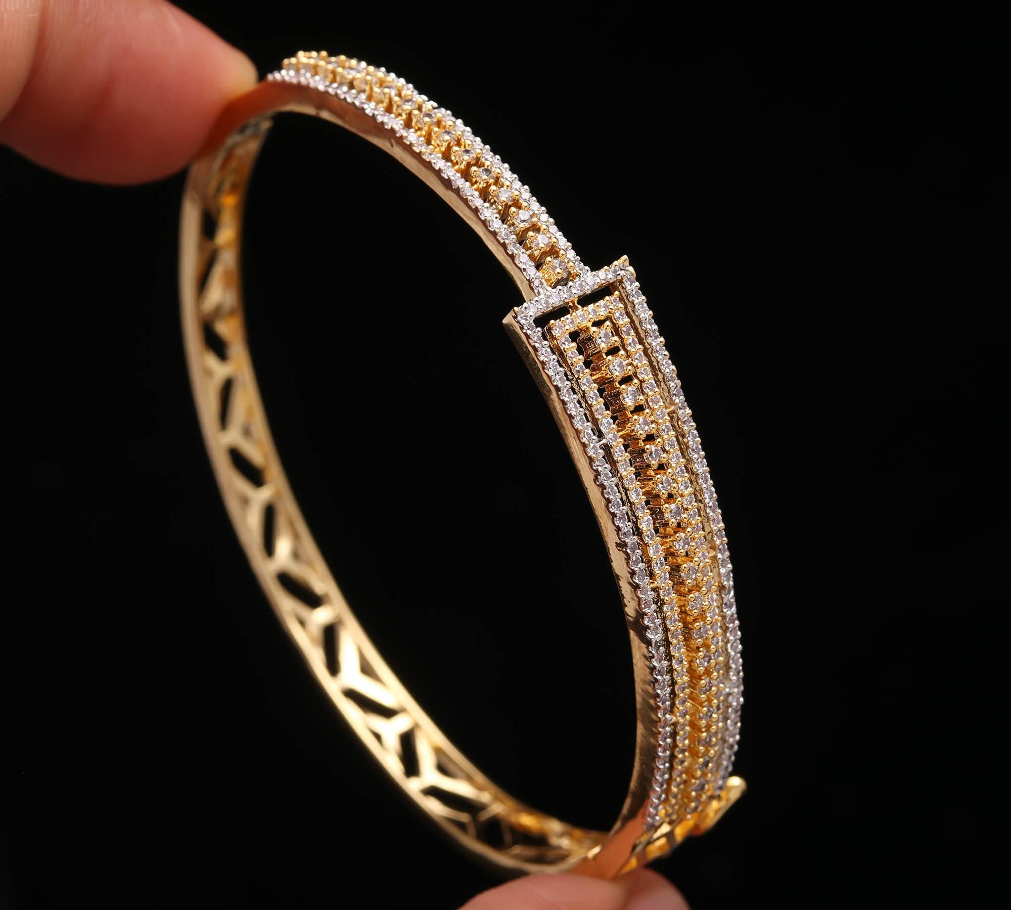 Geometric Gold-Toned Zircon Kada Bracelet 🌟 | Contemporary Diamond Look Bangle for Women | Adjustable Fashion Jewelry